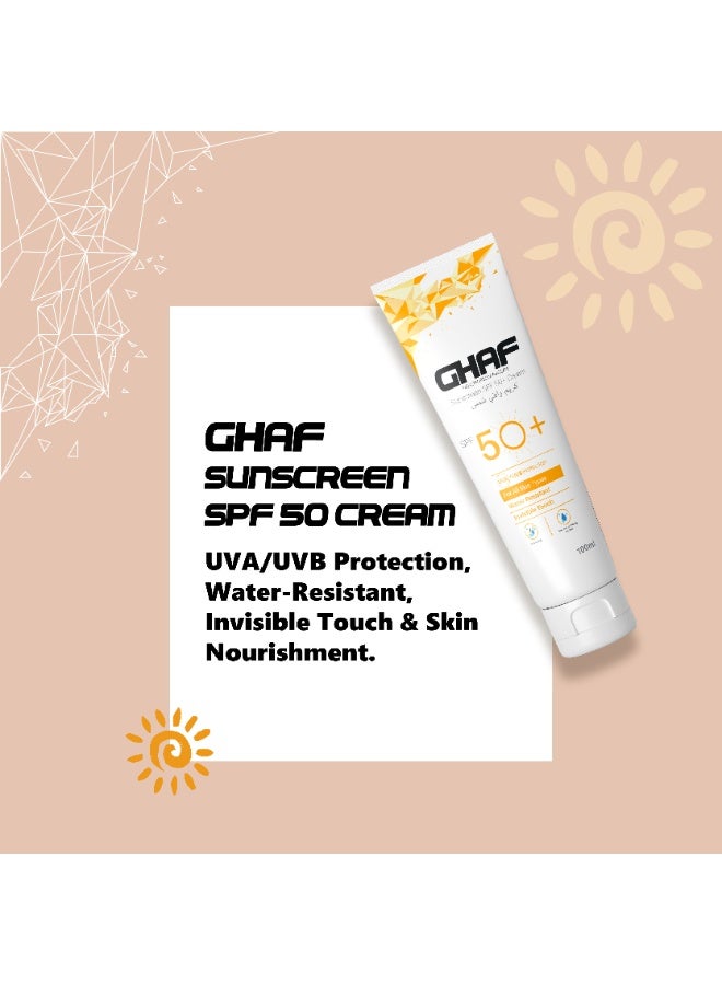 GHAF Sunscreen SPF 50 Cream – Broad Spectrum UVA/UVB Protection – Water Resistant – Invisible Finish – 100ml  Ghaf Sunscreen SPF 50 Cream is specially formulated to provide broad-spectrum protection against both UVA and UVB rays, helping to protect your skin from the effects of daily sun exposure. Its lightweight, fast-absorbing texture spreads easily and leaves an invisible, non-greasy finish, making it ideal for everyday use.  Designed for comfort and performance, this water-resistant sunscreen is suitable for outdoor activities, sports, and beach days. The formula stays in place even in humid conditions, helping maintain effective sun protection when you need it most.  Enriched with nourishing ingredients such as Shea Butter, Mango Seed Butter, and Vitamin E, Ghaf Sunscreen not only helps protect the skin but also supports moisture retention, leaving the skin feeling soft, smooth, and hydrated.  Suitable for all skin types, including sensitive skin, this sunscreen blends seamlessly - Image 2